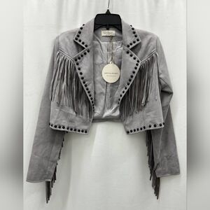 NWT Saints And Hearts Western Studded Gray Faux Suede Fringe Women's Jacket